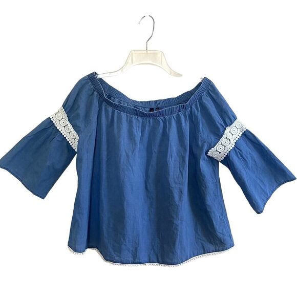 Joe’s Jeans Off The Shoulder Blue Chambray Blouse Crochet Trim Size Small - Picture 10 of 10